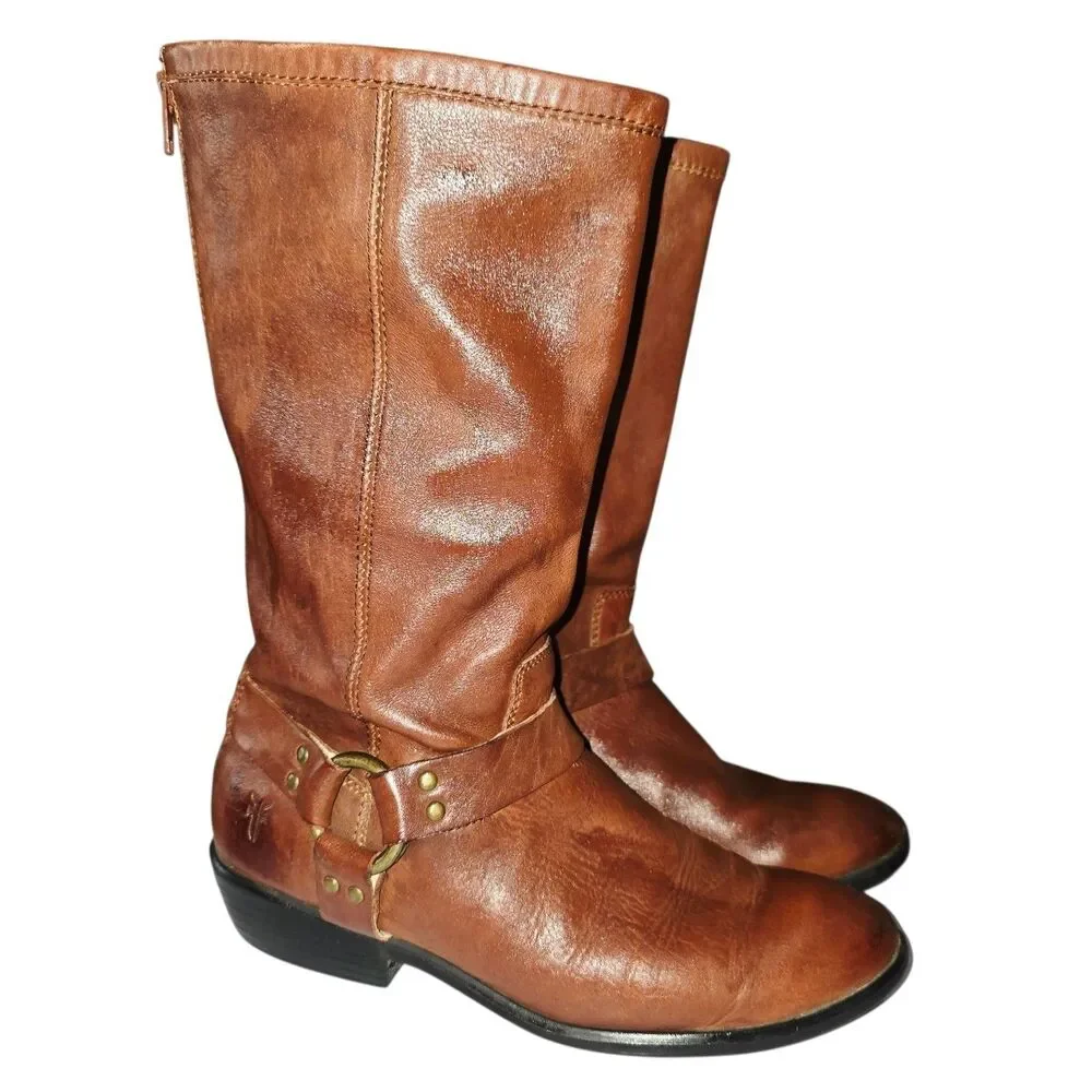 FRYE PHILLIP HARNESS Sz4 Vintage Youth Cognac Brown Zip Up Distressed Tall Boots